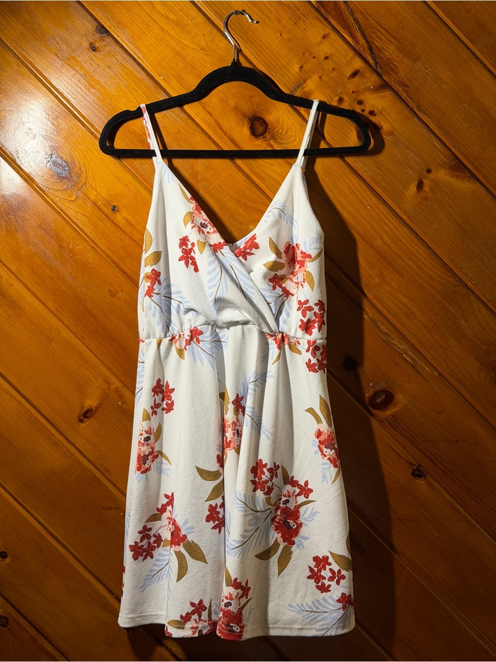 Source Unknown White Floral Sundress with Red and Olive Accents